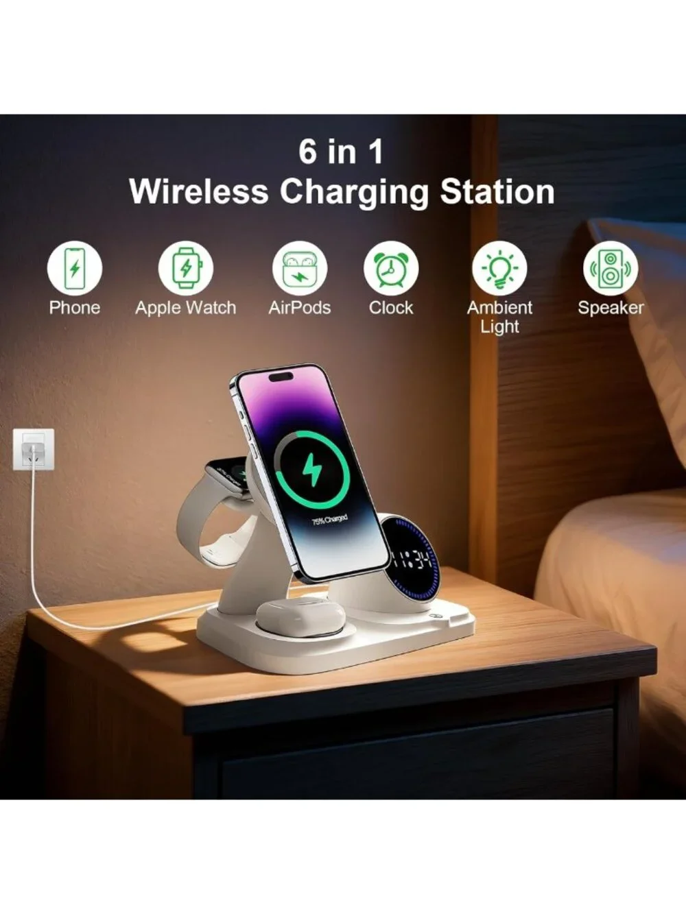 6-in-1 Wireless Charging Station with Bluetooth Speaker, Clock & Ambient Lights